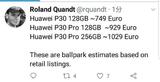 华为P30/P30 Pro价格曝光 128GB版5700元
