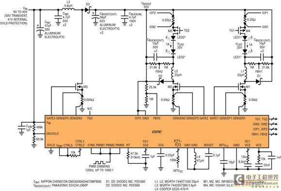 Figure 2: LT3797 dual-output step-up then step-down LED driver with 1000:1 PWM dimming ratio