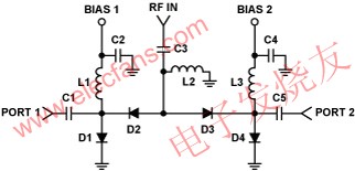 Typical Single Pole Double Throw (SPDT) RF Switch Circuit www.elecfans.com