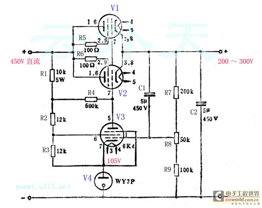 300v电子管稳压电路     原理简介  从图中可看出,功率管6p1接成