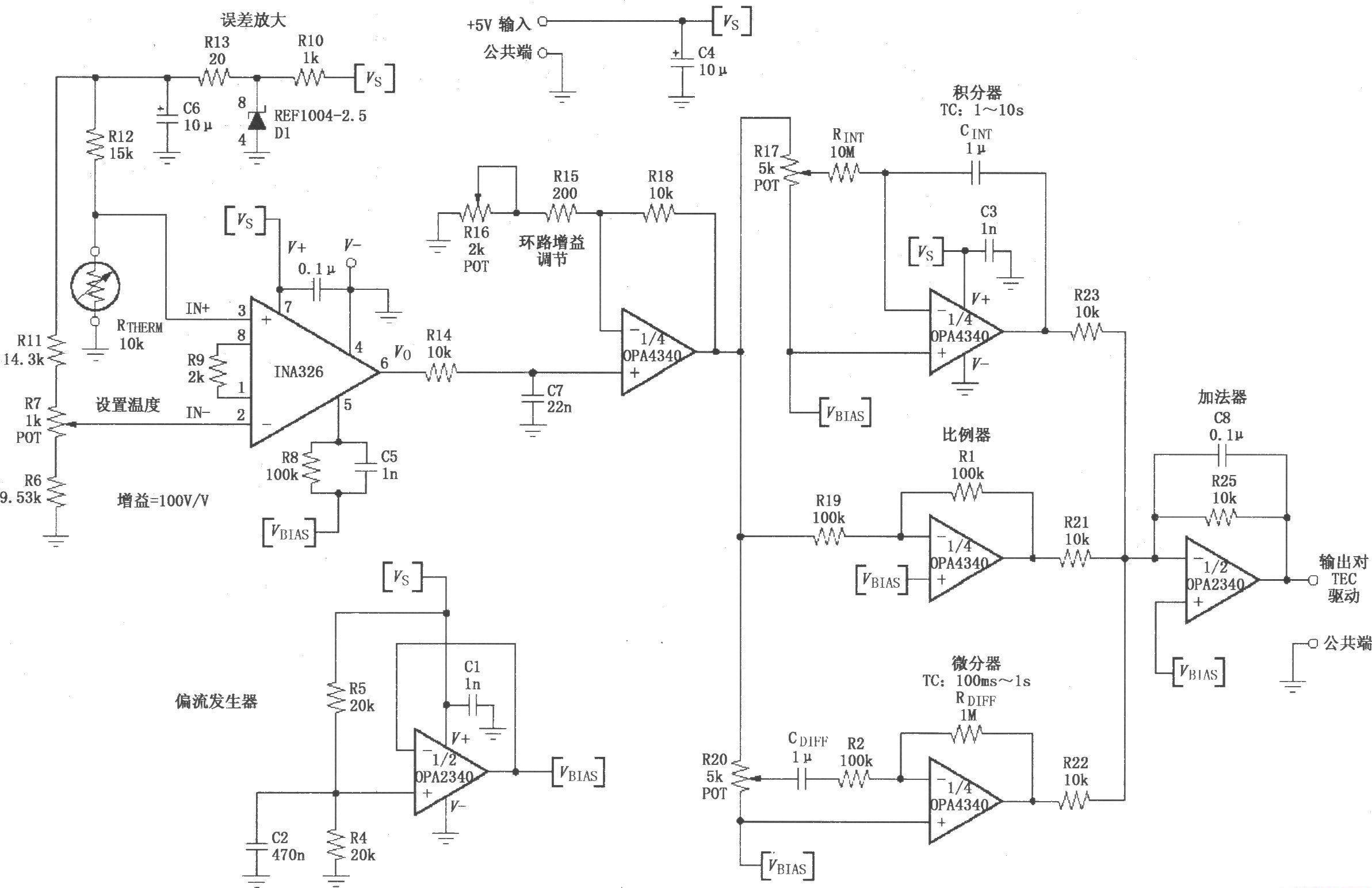 Single-supply PID (proportional-integral-differential) temperature control loop composed of INA326/327