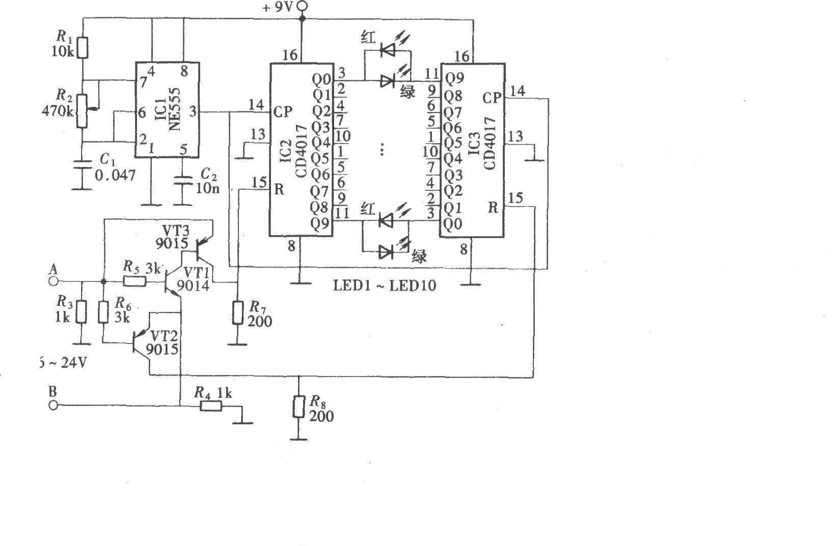 Current direction demonstrator (CD4017, NE555)