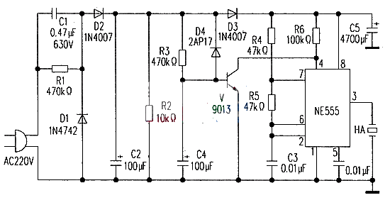 Circuit diagram of annunciator with prompt tone for power outage and incoming call