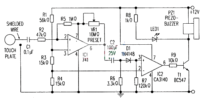 Highly sensitive touch alarm made using uA741+CA3140