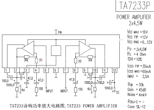 TA7233 audio power amplifier circuit diagram