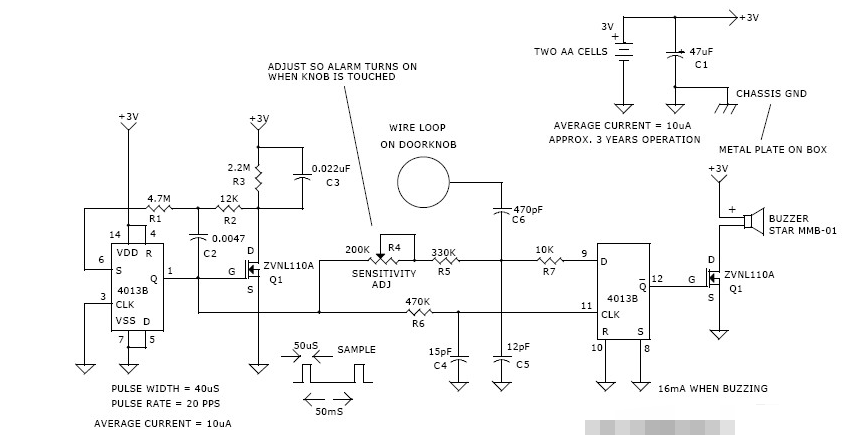 A simple door handle touch alarm circuit