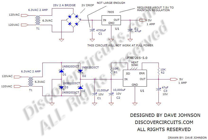 采用6.3伏交流变压器的经典线性5伏电源