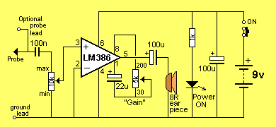 LM386 audio probe amplifier