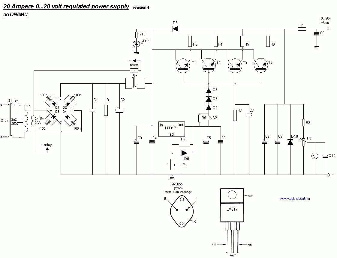 0-28V 20A Adjustable Power Supply (Based on LM317 and 2N3055)