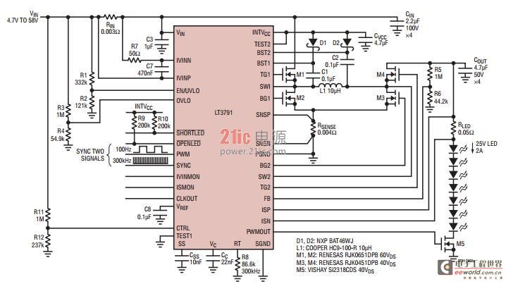 功能丰富的 LED 驱动器 IC 可用来实现大功率汽车 LED 前灯