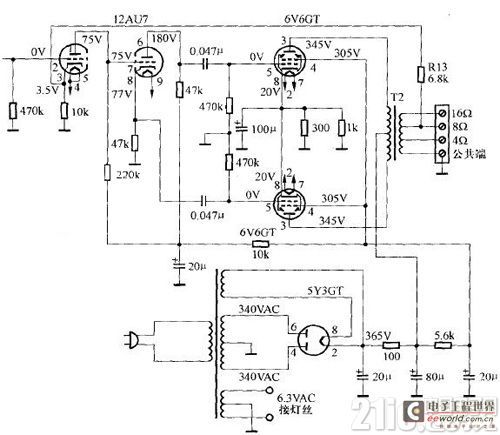 用6v6gt胆机制作的推挽功率放大器电路图