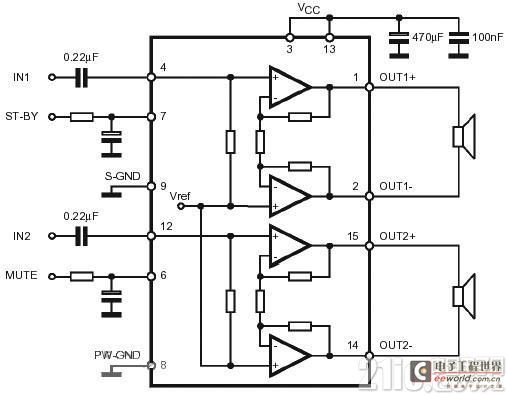 TDA7266双路音频立体声放大器电路图