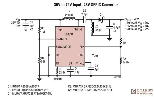 LT8331 36V~72V 输入、48V SEPIC 转换器