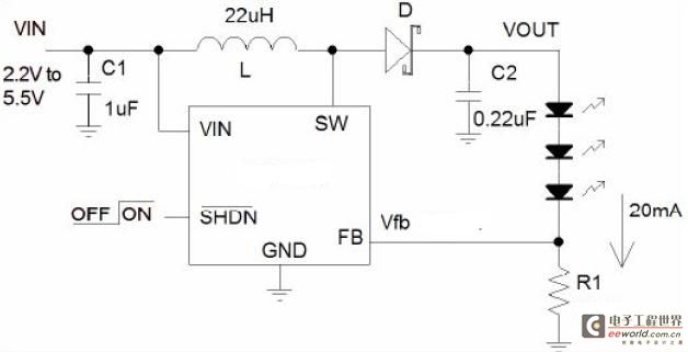 图1:串联电感升压型LED驱动器典型应用图