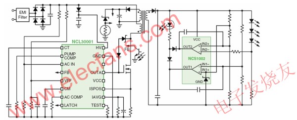 基于NCL30001的LED驱动电源方案适合40到125 W区域照明应用 www.elecfans.com