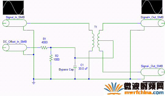 A single AWG is used to generate a differential signal using a center-tapped RF transformer, a voltage divider, and capacitors.