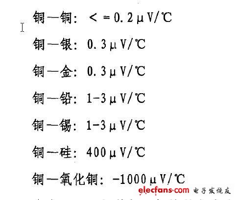 不同材料导体之间接触时的热电势常数