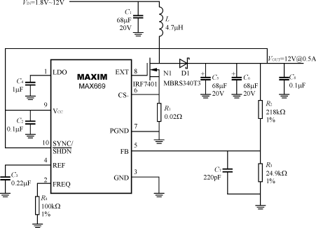 MAX668/MAX669升压型DC/DC变换器电路