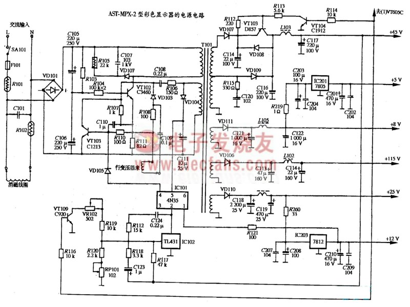 AST MPX-2型彩色显示器电源电路图