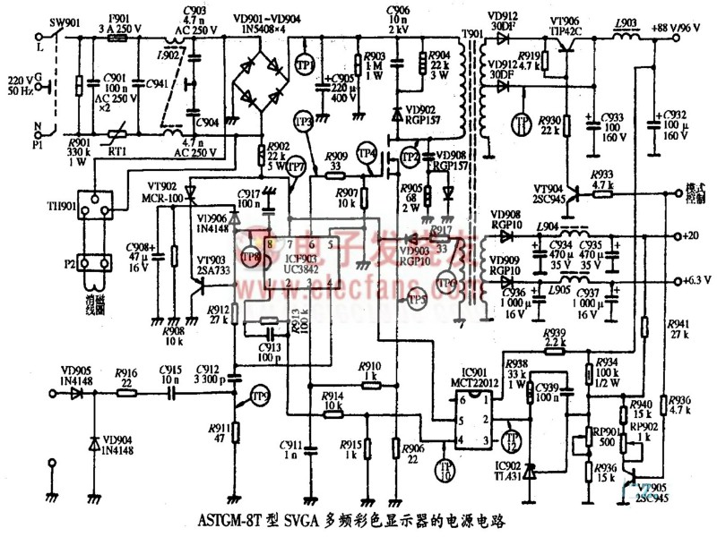 AST GM-8T型SVGA彩色显示器电源电路图