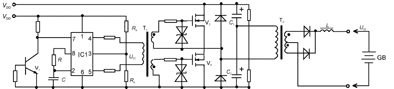 由IC1振荡、T1推动的半桥式开关电路