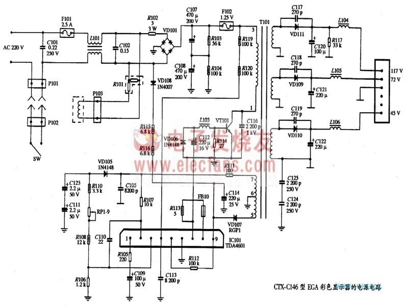 CTX-C146型EGA彩色显示器电源电路图