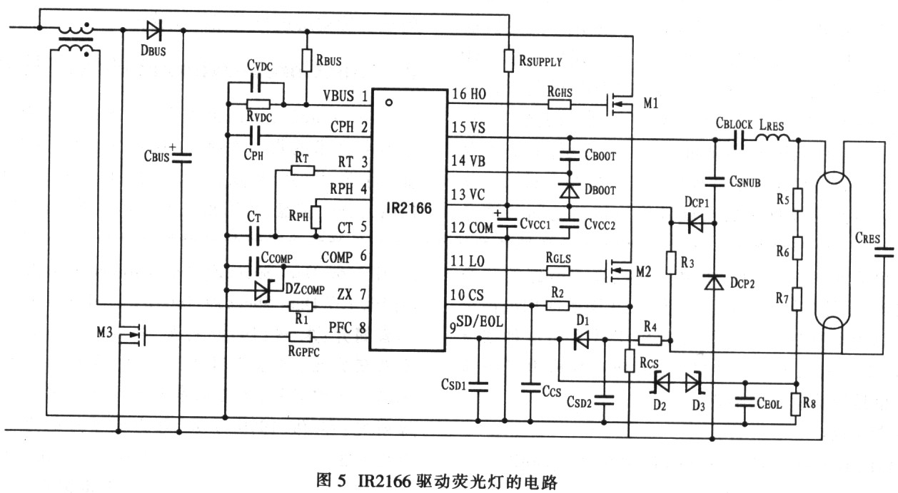 IR2166驱动电子镇流器及荧光灯的应用电路