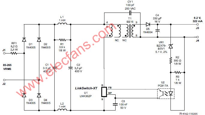 使用LNK362的2W通用输入CV适配器电路