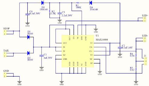 用于汽车尾灯的LED驱动器MAX16804应用电路