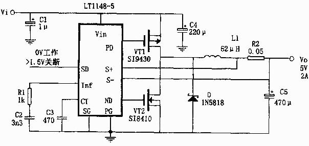 开关控制器LT1148-5制作的2A降压直流变换电源电路