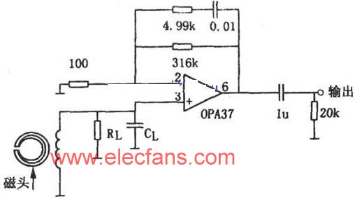 OPA37设计的<font color='red'>磁头</font>前置放大器电路