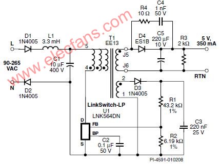 基于LNK564DN的5V,350mA(1.75W)反激式电