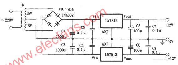 双极性对称稳压电源电路(LM7812、LM7912)