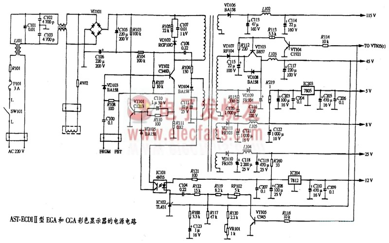 AST ECDI-II型EGA和CGA彩色显示器电源电路图