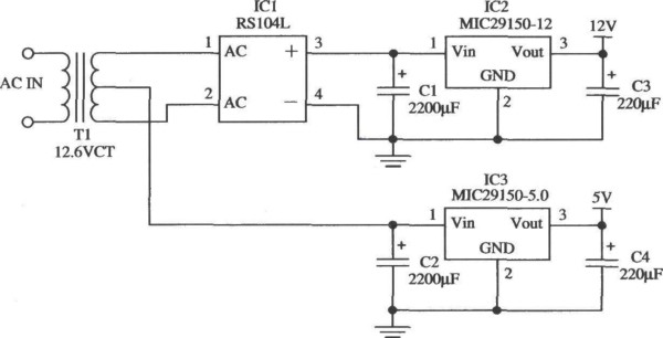 MIC29150双路输出的稳压器电路 (输出1.2V,5V)