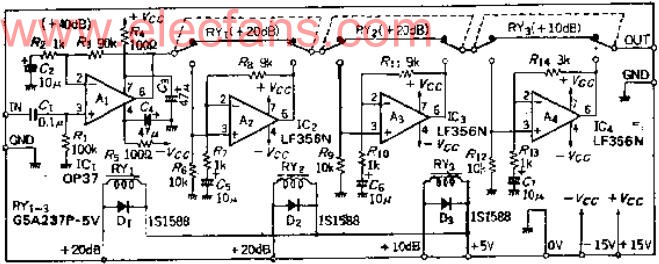 可用10DB为单位选定40~90DB增益的可编程放大器