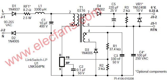 使用LNK564PN的输出6V、330mA的2W低成本反激式