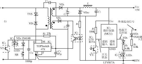 由MCU控制的TOPSwitch?FZ单片开关电源电路图