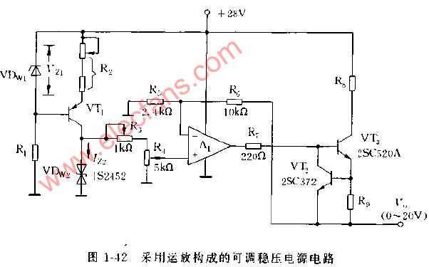 采用运放构成的可调稳压电源电路