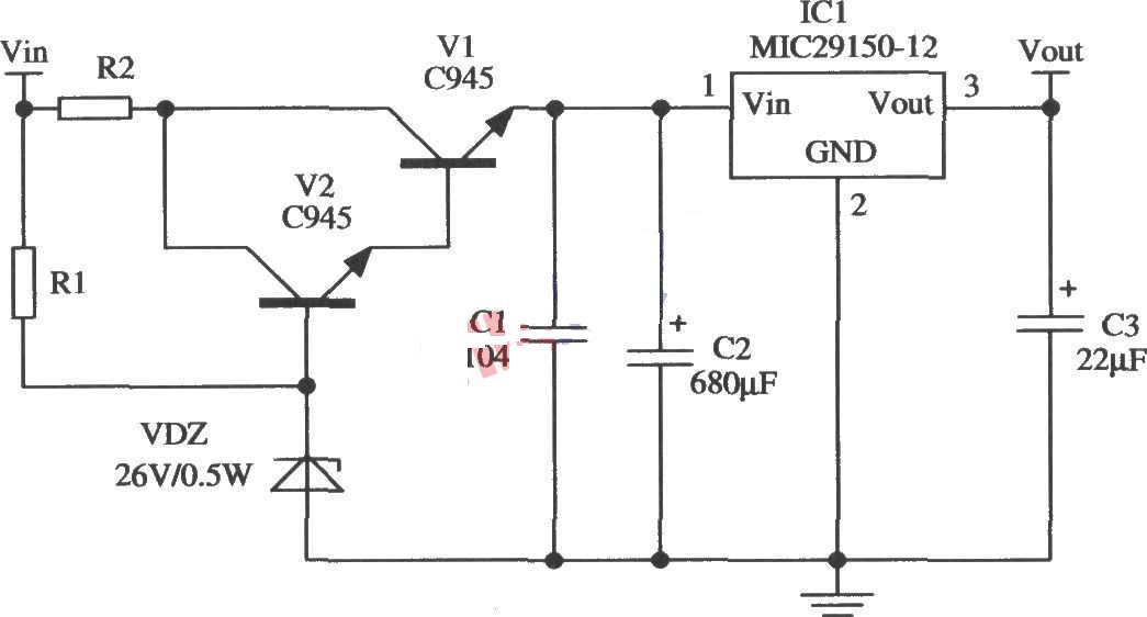 MIC29150组成的有宽输入电压范围的稳压器电路