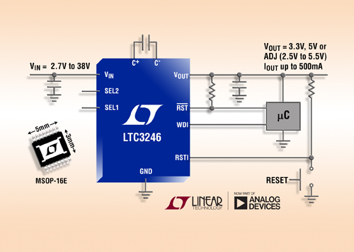 2.7V至38V/500mA低噪声降压-升压型充电泵可节省空间并降低EMI