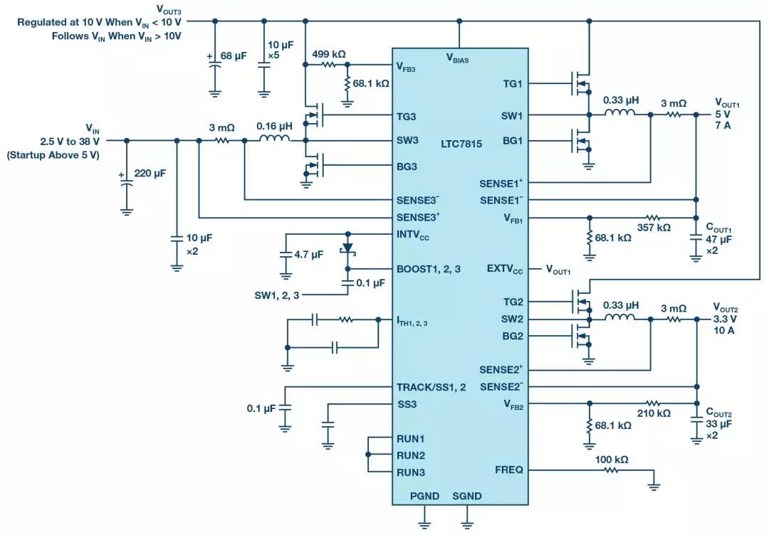 图1. LTC7815起停应用原理图，工作频率为2.1 MHz。