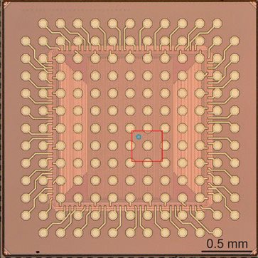The new technique was used to examine a chip made using 16 nanometer process technology. The scientists zoomed in on first the red square and then the blue circle to find progressively smaller features.