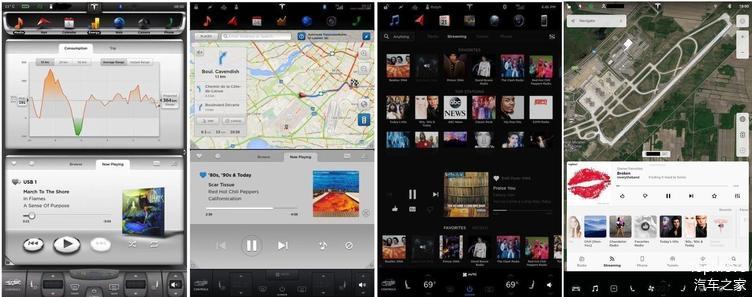 特斯拉大屏 UI 进化史，从左到右依次为 V6、V7、V8、V9 | electrek