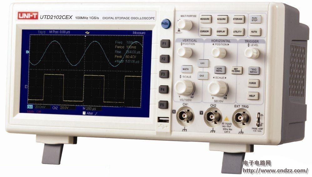  /><br />数字示波器作为广泛的电子测量仪器，是电子工程师们经常使用的测量仪器。示波器的作用主要可以分为如下几类：<br />1. 测量电信号的波形(电压与时间关系);<br />2. 测量幅度、周期、频率和相位等参数;<br />3. 配合传感器，测量一切可以转化为电压的参量(如电流、电阻、温度磁强等)。<br />数字示波器的原理：<br />首先，示波器利用前端ADC对被测信号进行快速的采样，这个采样速度通常都可以达到每秒几百M到几G次，是相当快的;而示波器的后端显示部件是液晶屏，液晶屏的刷新速率一般只有几十到一百多Hz;如此，前端采样的数据就不可能实时的反应到屏幕上，于是就诞生了存储这个环节：示波器把前端采样来的数据暂时保存在内部的存储器中，而显示刷新的时候再来这个存储器中读取数据，用这级存储环节解决前端采样和后端显示之间的速度差异。<br />数字示波器使用方法：<br />跟万用表类似，要使用示波器，首先也得把它和被测系统相连，用的是示波器探头，如图20-4所示。示波器一般都会有2个或4个通道(通常都会标有1～4的数字，而多余的那个探头插座是外部触发，一般用不到它)，它们的低位是等同的，可以随便选择，把探头插到其中一个通道上，探头另一头的小夹子连接被测系统的参考地(这里一定要注意一个问题：示波器探头上的夹子是与大地即三插插头上的地线直接连通的，所以如果被测系统的参考地与大地之间存在电压差的话，将会导致示波器或被测系统的损坏)，探针接触被测点，这样示波器就可以采集到该点的电压波形了(普通的探头不能用来测量电流，要测电流得选择专门的电流探头)。<br />接下来就要通过调整示波器面板上的按钮，使被测波形以合适的大小显示在屏幕上了。只需要按照一个信号的两大要素——幅值和周期(频率与周期在概念上是等同的)来调整示波器的参数即可，如图2所示。<br /><img src=