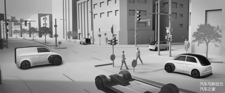 图1 未来城市交通示意图:基本型UMV与可实现自动驾驶的客车及货车