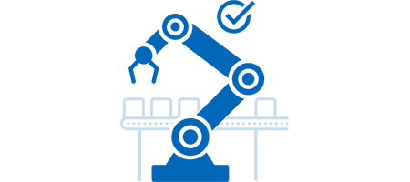 Blue icon of a robot arm with a blue check mark in a circle