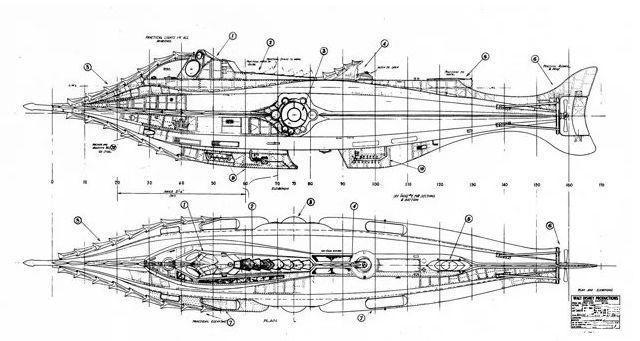 网友为《海底两万里》中鹦鹉螺号所绘制的设计图