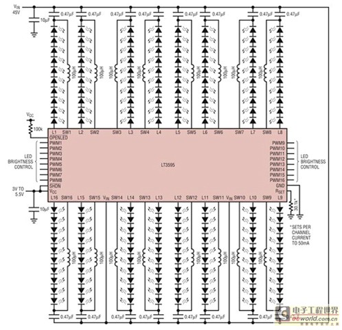 一个从45伏特输入来驱动一百六十个白光LED的十六信道led驱动器示意图。(PWM调光比为5000:1)