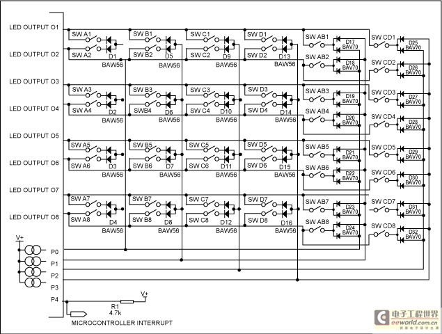 图2. MAX6954/MAX6955扩展后的48键连接